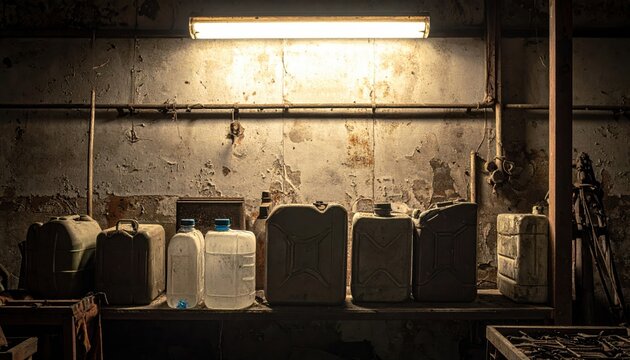 Assorted salvaged plastic bottles and industrial jerrycans neatly arranged on a shelf under harsh fluorescent lighting