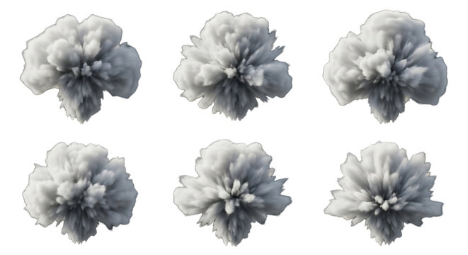 Six distinct, detailed, and realistic 3D renders of a smoke explosion effect, presented in a 2x3 grid. isolated on transparent background, png