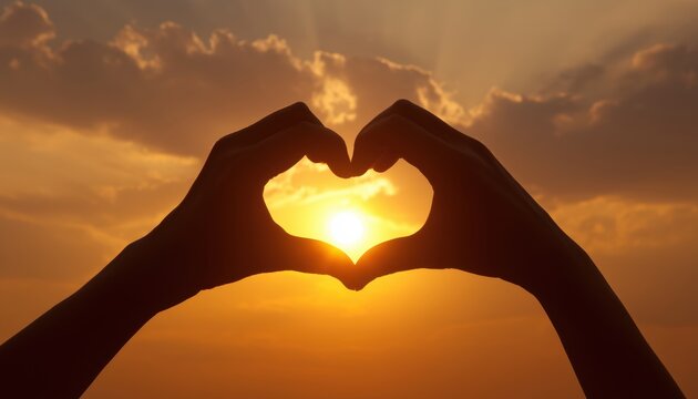 Romantic Heart Shape Created By Human Hands Against Sunlit Sky: A Symbol Of Love, Valentine'S, Couple, Wedding, And Romance.
