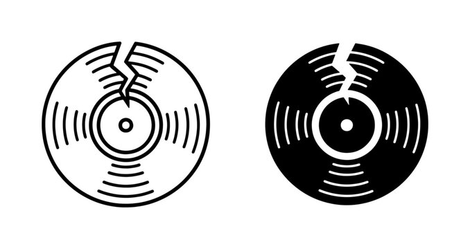 Broken Vinyl Record Icon Set, Damaged Music Disc Symbol, Retro Audio Playback Graphic, Vintage Sound Storage Vector