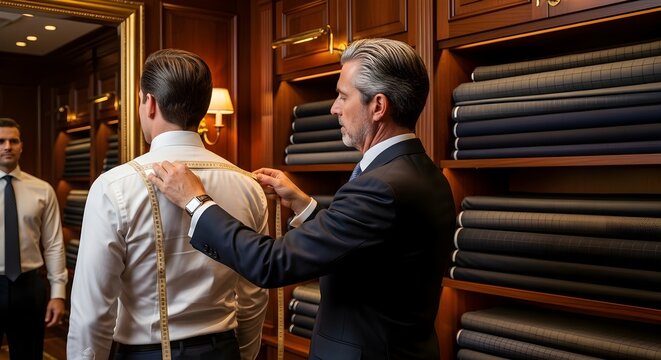 Bespoke Tailor Measuring Client's Shoulders in Luxurious Fitting Room with Warm Lighting