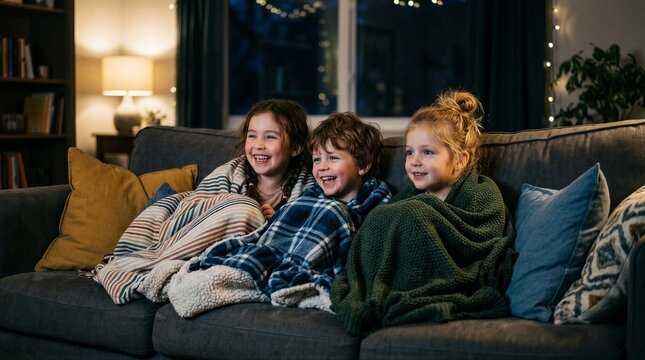 Three children wrapped in blankets laughing together on cozy living room couch