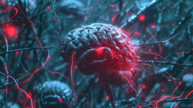 Neuroscientific of a human brain with neurons and synapses. 3D rendering with vibrant colors, emphasizing the complexity and interconnectedness of the brain's neural network.