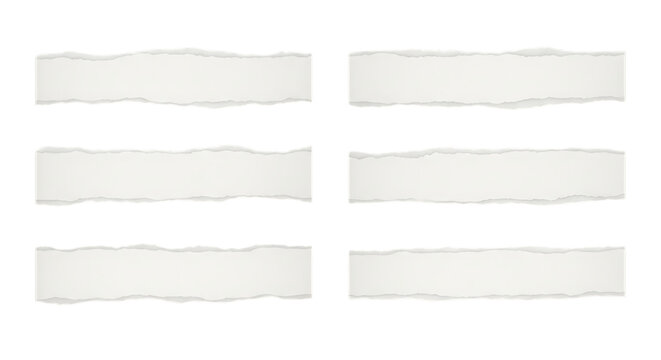 Six torn paper strips arranged in two columns isolated on transparent bakcground, PNG, perfect for graphic design. 