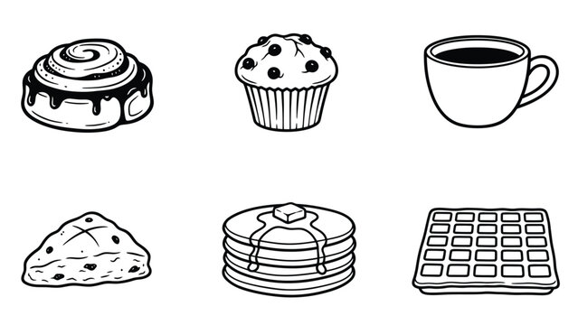 Monochrome Breakfast & Bakery Icons Set: Coffee, Pancakes, Muffins, Waffle, Scone, Cinnamon Roll Line Art