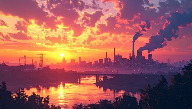 Vibrant Sunset Over Industrial Cityscape with River Reflection.