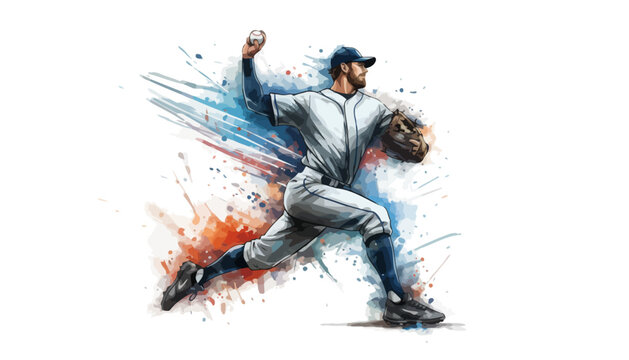 A baseball player in motion throwing a ball with colorful splashes