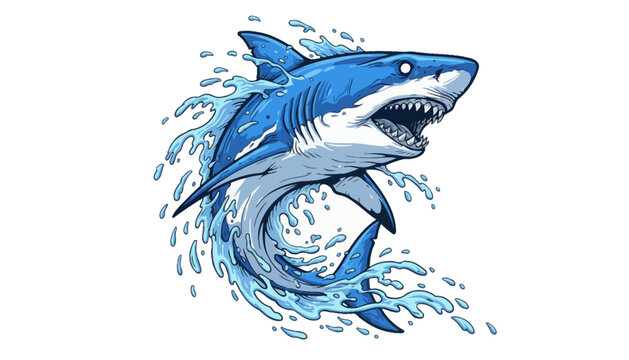 A fierce cartoon shark jumping out of the ocean water with a powerful splash
