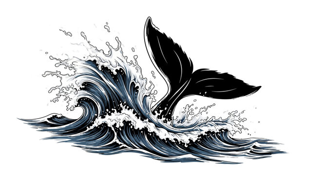 A dramatic illustration of a whale tail in a turbulent ocean wave