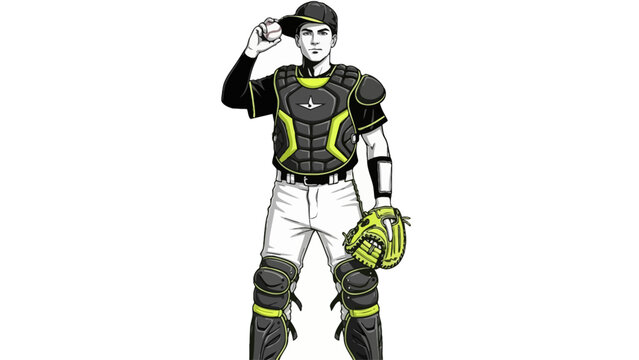 A baseball catcher in a black and yellow uniform stands confidently