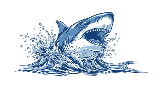 A fierce shark jumping out of the ocean water with a powerful splash