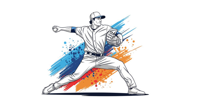 A baseball player in motion throwing a ball with colorful splashes