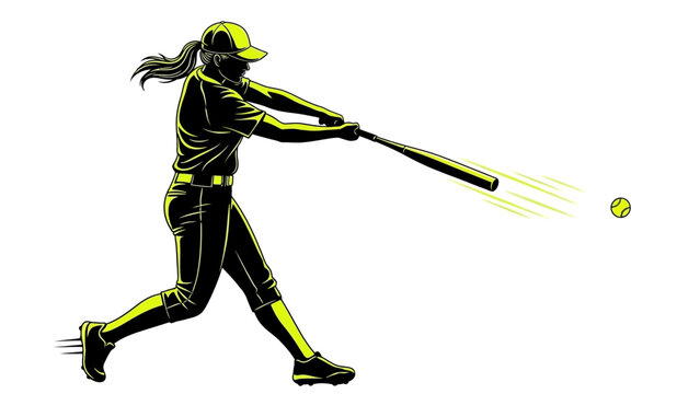 A woman in a baseball uniform swings a bat at an incoming ball
