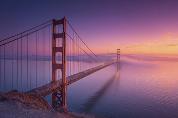 Obraz premium Golden Gate Bridge at sunrise with fog over water and purple orange sky creating peaceful and majestic atmosphere in this wide scenic view of suspension bridge