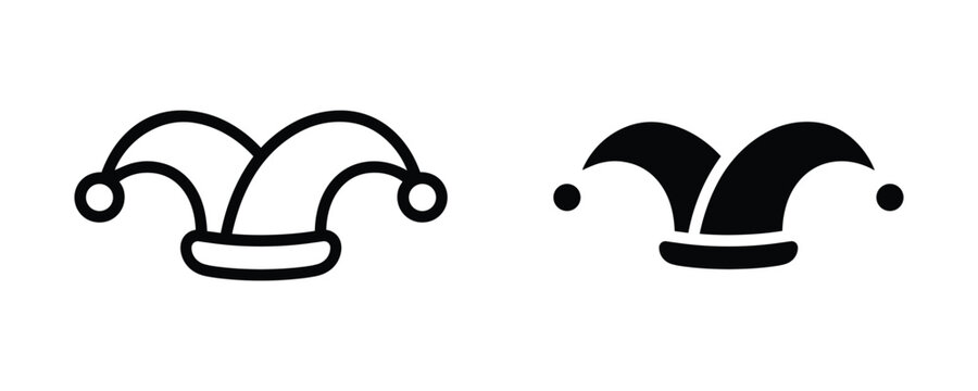 Jester hat icon set in outline and solid style, joker or carnival cap symbol isolated on white background