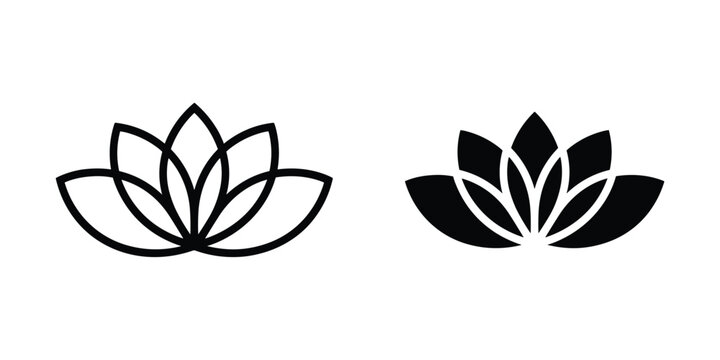 Lotus flower icon set in outline and solid style, yoga and meditation symbol isolated on white background