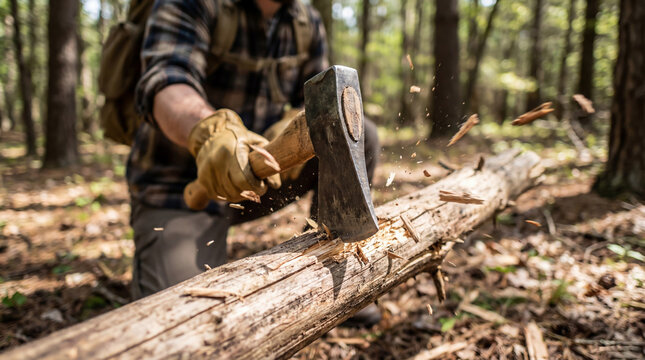 Male hands in protective work gloves firmly hold the wooden handle of an axe while chopping wood