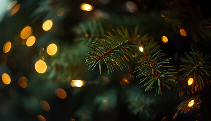 Fototapeta premium A close-up of a Christmas tree branch with warm golden lights in the background.