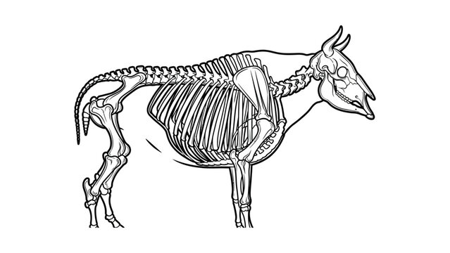An illustration depicts a cow skeleton standing in profile view outdoors.
