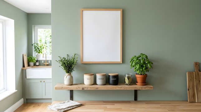 Empty picture frame hangs on a pale green wall showcasing a rustic wooden shelf filled with plants and decorative jars evoking a serene and thoughtfully arranged domestic interior space for art