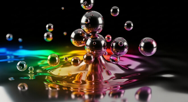 Black spheres floating on a reflective surface with rainbow distortions. Abstract liquid art and fluid texture background.