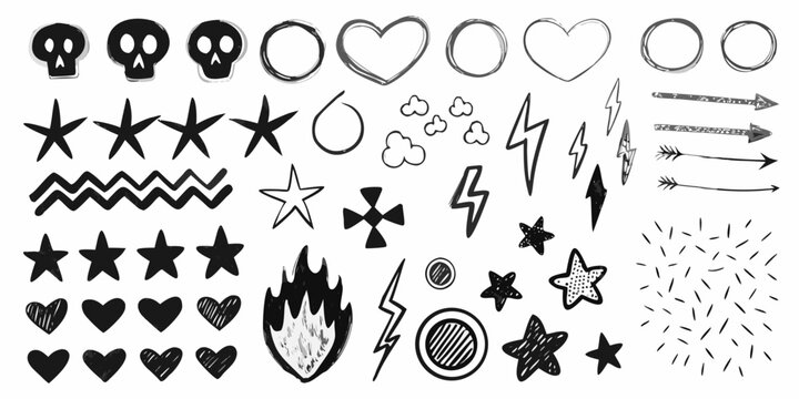Collection of hand drawn doodles skulls hearts stars arrows and more