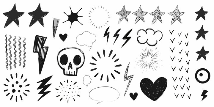 A collection of hand drawn doodle elements stars hearts skulls and lightning