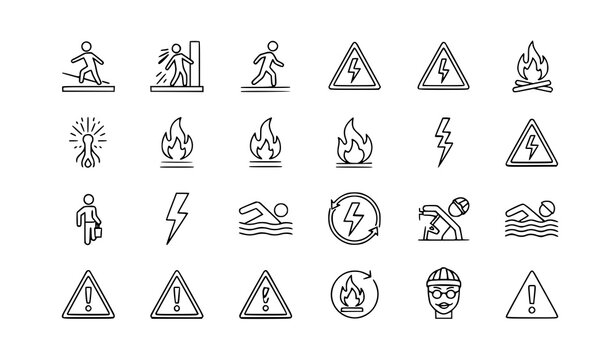 Collection of line icons representing extreme sports and outdoor activities with rock climbing mountain biking cliff diving wingsuit flying water sports winter sports summer sports line art