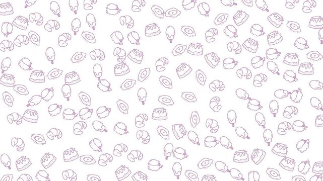 Hand-drawn seamless sushi pattern on white background featuring nigiri, maki and sushi rolls in soft pink outline, ideal for food packaging, wallpaper and web backgrounds.