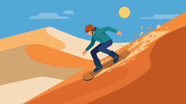 Man sandboarding down a dune hill.