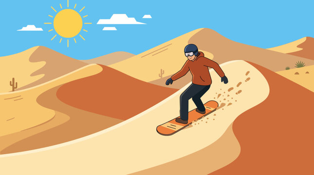 Man snowboarding on sandy desert dunes.