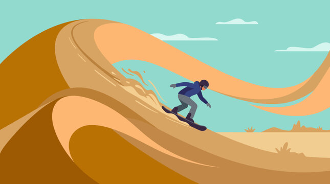 Man riding a snowboard on sand dune.