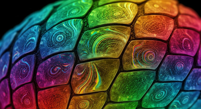 Macro of green hexagonal scales texture. Organic reptile or insect skin pattern with subtle rainbow hues.
