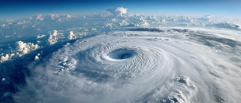 Eye of the Storm: Captivating aerial view showcasing a colossal hurricane, its spiral form a mesmerizing dance of nature's power. Witness the raw intensity of the eye, clouds, and atmosphere.