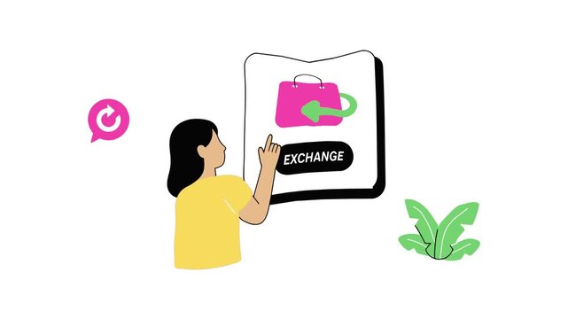Women holding shopping bags exchange item flat design character motion video suitable to your shop, marketing, advertise, template, display, brand, business, and more