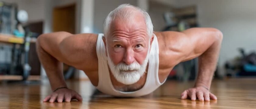 Staying Strong: An older adult demonstrates unwavering strength and vitality, maintaining physical fitness with push-ups.