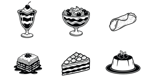 Sweet Treats Collection: Monochrome Line Art Illustrations of Desserts, Pastries, and Puddings