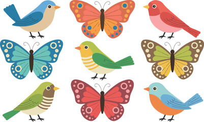 Whimsical collection of colorful songbirds and butterflies with decorative patterns for spring nature themes children nursery art and seasonal greeting card design flat vector illustration © MDESAHAQUE