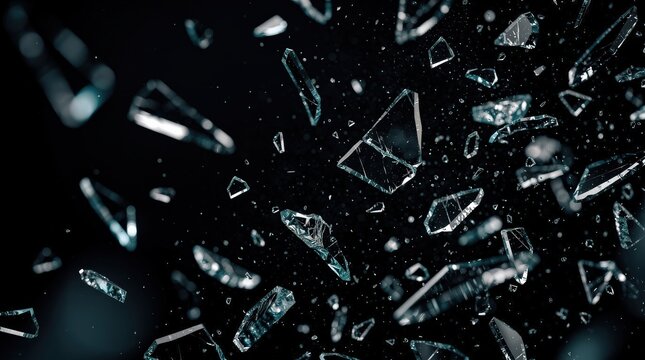 Shattered glass fragments floating against a dark background, capturing sharp, irregular shapes with reflective surfaces.