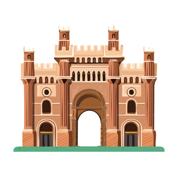 Architectural illustration of a fortress gatehouse isolated on white background