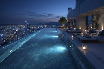 Obraz premium Rooftop infinity pool at night with city skyline view and modern lounge seating, creating serene and luxurious urban atmosphere under twilight sky