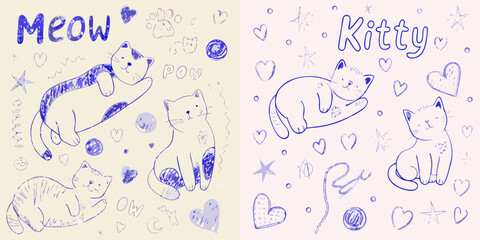 Cute hand drawn cats and kittens with hearts and stars pattern © BasobiBala