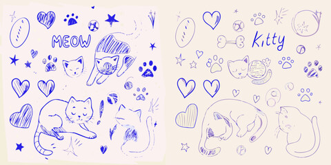 Playful blue sketches of cats paw prints and hearts on a white background © BasobiBala