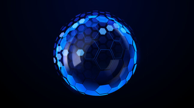 Abstract blue energy shield sphere with hexagon patterns.