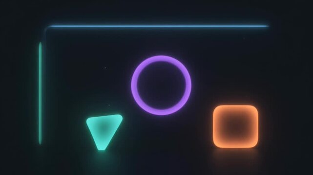 A video showcasing vibrant neon shapes in a dark background with a circle, square, and triangle glowing brightly in purple, orange, and green colors.
