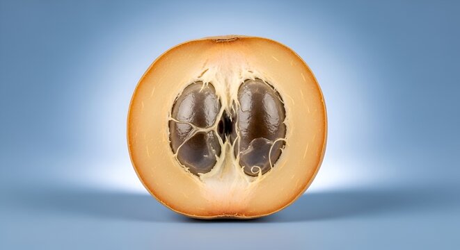 Symmetrical Section of Ripe Exotic Fruit with Two Large Brown Seeds