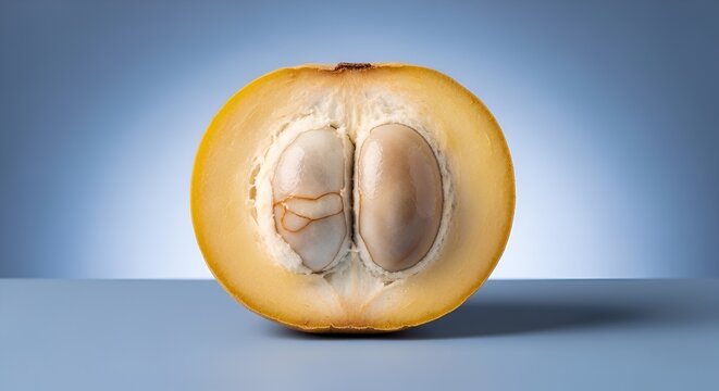 Symmetrical Cross Section of Ripe Abiu Fruit on Blue Background
