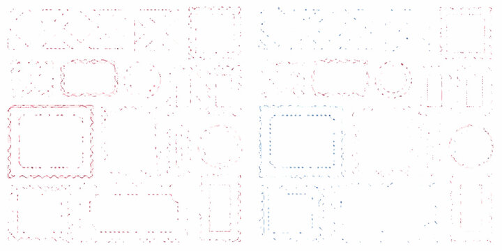 Abstract arrangement of red and blue geometric shapes on a white background