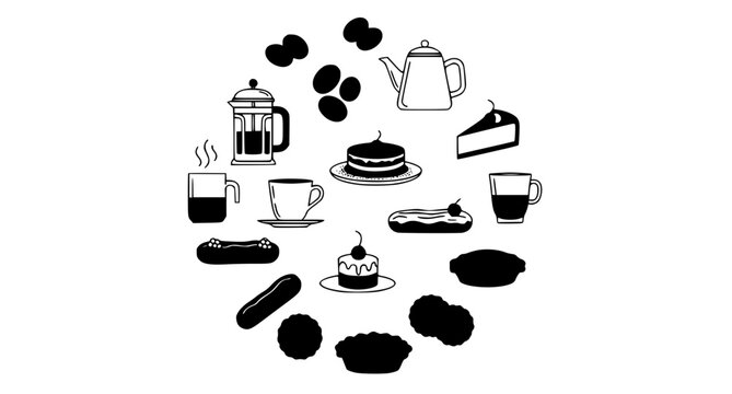 Title:
Minimal hand drawn coffee and dessert icon set with elegant line art sweets and drink elements