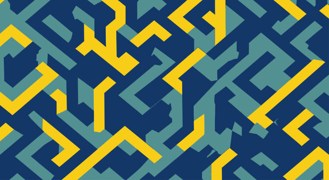 Abstract geometric maze-like pattern of interlocking angular shapes in blue, teal, and yellow